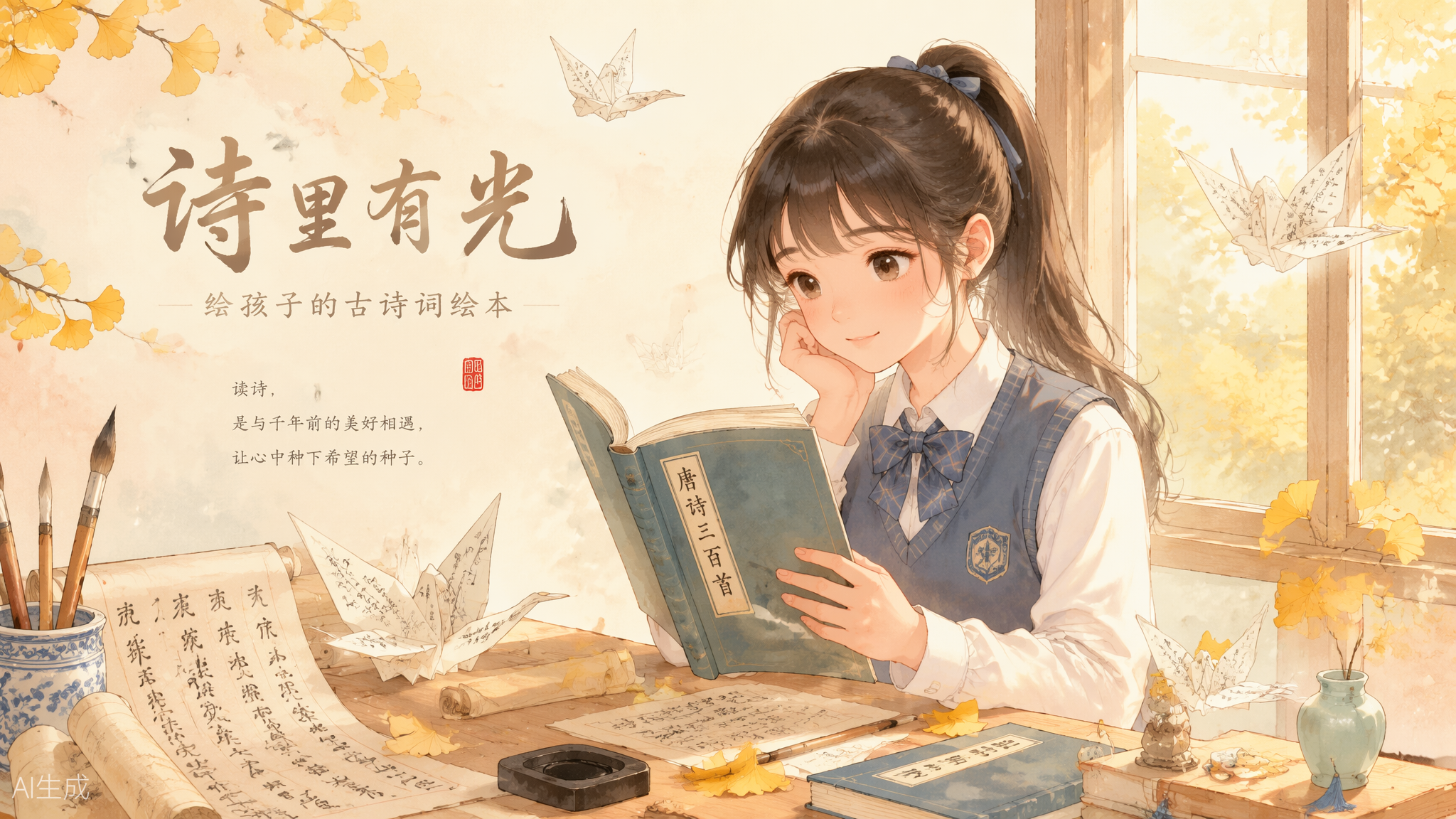 窗边读诗的女孩